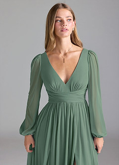 Azazie Norah Bridesmaid Dresses Eucalyptus A-Line Mesh Dress image7