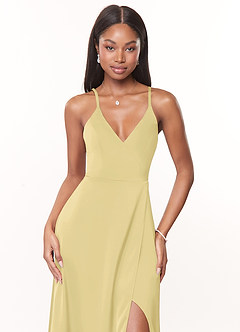 Azazie Maksim Bridesmaid Dresses Lemon Sorbet A-Line V-Neck Stretch Satin Dress image5