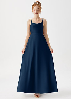 Azazie Shale Junior Dark Navy A-Line Stretch Satin Dress image5
