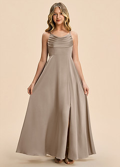 Azazie Gia Junior Taupe A-Line Pleated Stretch Satin Dress image7