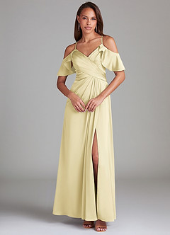 Azazie Dakota Bridesmaid Dresses Lemon Sorbet A-Line Off the Shoulder Stretch Satin Dress image3