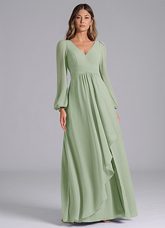 Azazie Liah Abiti da Damigella Abito A-Line in Chiffon Maniche Lunghe Verde Salvia image3