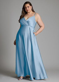 Azazie Amani At-home Try On Dresses Dusty Blue A-Line Pleated Stretch Satin Dress image10