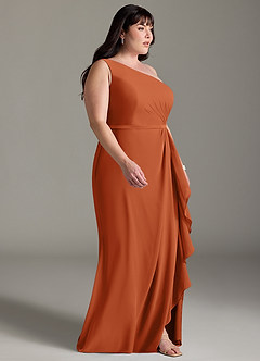 Azazie Liza Jurken voor bruidsmeisjes Jurk van Chiffon met Zeemeermin One-Shoulder Verbrande Sinaasappel image9