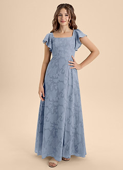 Azazie Bondi Junior Vestido de Azul Polvoriento de Devorado Floral de Corte En A con Lazo image4