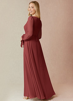 Azazie Leonia Abiti da Damigella Abito A-Line in Chiffon Maniche Lunghe Terracotta image6