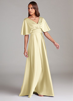 Azazie Pamela Vestidos de damas de honor Vestido de Sorbete De Limón de Satén Elástico de Corte en A con Plisado image3