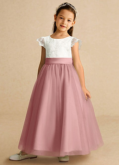 Azazie Pookie vestidos de niña de las flores Vestido Rosa Polvorienta de Tul de Corte en A con Encaje image1
