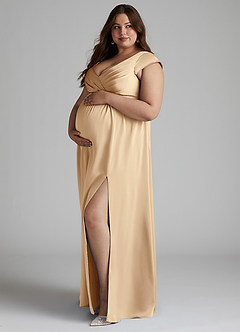 Azazie Allessia Vestidos de dama de honra para maternidade Vestir Linha A Plissado Comprimento do chão Cetim elástico image8