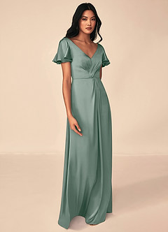 Azazie Soren Vestidos de damas de honor Vestido de Salvia Plateada de Satén Elástico de Corte en A con Plisado image4