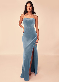 Azazie Nereda Robes de demoiselle d'honneur Robe Trapèze Convertible en velours Sans bretelle Bleu Poussiéreux image5