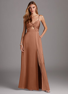 Azazie Jenna Bridesmaid Dresses Bronzer A-Line Pleated Stretch Satin Dress image2
