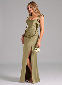 Azazie Jessamine Bridesmaid Dresses Moss Green A-Line Corset Stretch Satin Dress image5