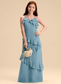 Azazie Evara Junior Abito A-Line in Chiffon Blu Lunatico image4
