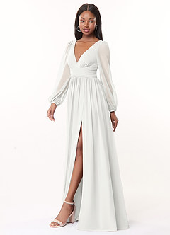 Azazie Norah Abiti da Damigella Abito A-Line in Chiffon con Maniche lunghe e Scollo a V Bianco image4