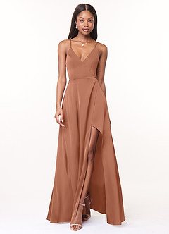 Azazie Maksim Bridesmaid Dresses Bronzer A-Line V-Neck Stretch Satin Dress image1