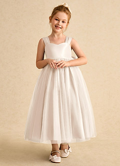 Azazie Chickadee Flower Girl Dresses White Alabaster Ball-Gown Sweetheart Neckline Matte Satin Dress image5