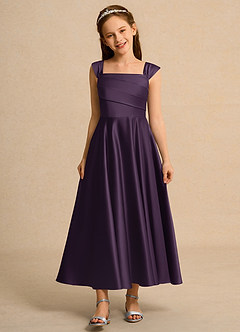 Azazie Bundle Girls Formal Flower Girl Dresses Plum A-Line Pleated Matte Satin Dress image1