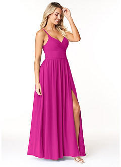 Azazie Dominic Bridesmaid Dresses Fuchsia A-Line V-Neck Pleated Chiffon Dress image4