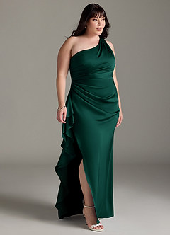Azazie Latrice Bridesmaid Dresses Emerald Sheath One Shoulder Cascading Ruffles Stretch Satin Dress image9
