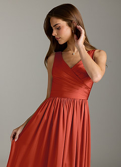 Azazie Keyla Bridesmaid Dresses Rust A-Line Pleated Stretch Satin Dress image8