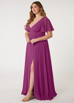 Azazie Kimber Bridesmaid Dresses Orchid A-Line Flounce Sleeve Chiffon Dress image16