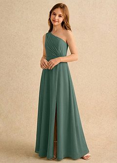 Azazie Puddles Girls Formal Robe Demoiselle D'honneur Fillette Robe Trapèze en Mousseline de soie Une épaule Mousse De Mer image4
