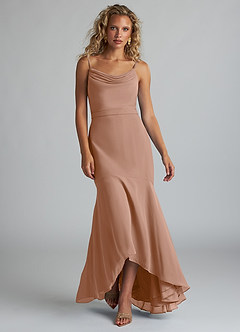 Azazie Summer Bridesmaid Dresses Champagne Rose Mermaid Scoop Cowl Chiffon Dress image4
