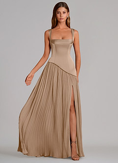 Azazie Stephanie 신부 들러리 드레스 A라인 주름진 스트레치 새틴 바닥 길이 드레스 image4