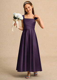 Azazie Bundle Girls Formal Flower Girl Dresses Plum A-Line Pleated Matte Satin Dress image4