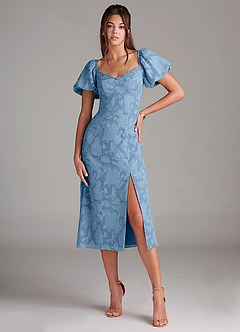 Azazie Evalina Bridesmaid Dresses Steel Blue Sheath Floral Burnout Dress image1