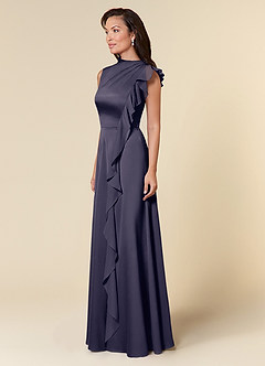 Azazie Narine Mother of the Bride Dresses Stormy A-Line High Neckline Pleated Stretch Satin Dress image2
