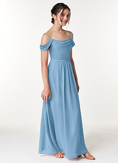 Azazie Alivia Junior Steel Blue A-Line Off the Shoulder Chiffon Dress image3