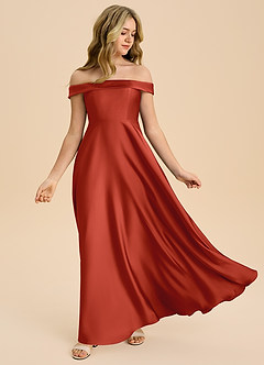 Azazie Sissy Junior Rust A-Line Off the Shoulder Stretch Satin Dress image5