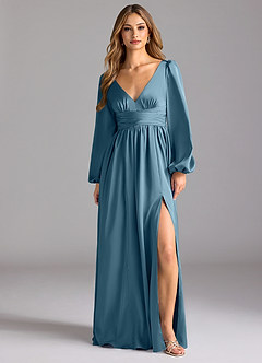 Azazie Norah Brautjungfernkleider A-Linie Stretch-Satin Kleid Bermudablau image1