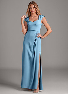 Azazie Laila Bridesmaid Dresses Steel Blue A-Line Pleated Stretch Satin Dress image3