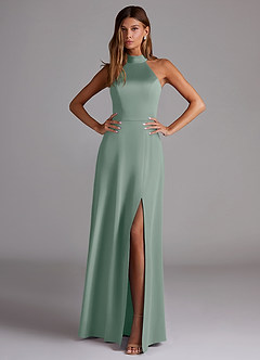 Azazie Myra Jurken voor thuis passen Jurk van Stretch Satijn met A-Lijn Hoge Kraag Agave image3