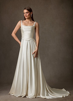 Azazie Samira Wedding Dresses Antique White A-Line Square Neckline Charmeuse Dress image1