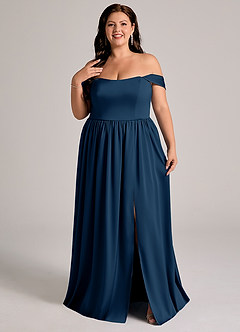 Azazie Calianna Robes de demoiselle d'honneur Robe Trapèze Convertible en Satin extensible Épaule décolletée Bleu Marine Foncé image8