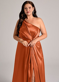 Azazie Brooke Bridesmaid Dresses Burnt Orange A-Line One Shoulder Metallic Satin Dress image13