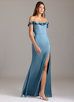 Azazie Callie Bridesmaid Dresses Steel Blue A-Line Ruched Stretch Satin Convertible Dress image6