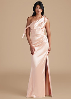 Azazie Xyla Bridesmaid Dresses Rose Gold Sheath Off the Shoulder Metallic Satin Convertible Dress image1