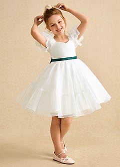 Azazie Debbie Flower Girl Dresses Ivory Peacock Ball-Gown Sweetheart Neckline Organza Dress image2