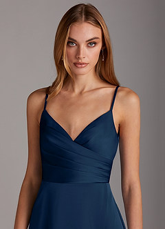 Azazie Calissa Bridesmaid Dresses Dark Navy A-Line V-Neck Pleated Stretch Satin Dress image5