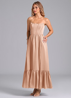 Azazie Leilana Bridesmaid Dresses Rose Gold A-Line Corset Stretch Satin Dress image5
