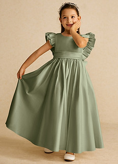 Azazie Piglette Flower Girl Dresses Pistachio A-Line Bow Matte Satin Dress image6