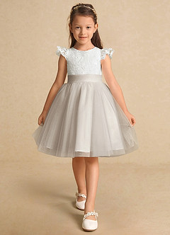 Azazie Vetty Flower Girl Dresses Ivory Frost A-Line Lace Tulle Dress image6