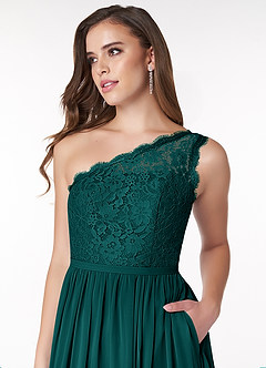 Azazie Demi Vestidos de damas de honor Vestido de Pavo Real de Gasa de Corte en A con Hombro unilateral image5