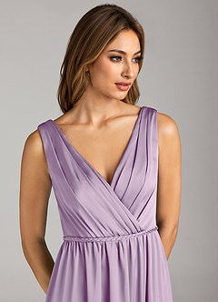 Azazie Tanicia Bridesmaid Dresses Frosted Lilac A-Line Pleated Stretch Satin Dress image6