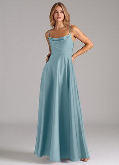 Azazie Elle Robes de demoiselle d'honneur Robe Trapèze en Satin extensible Plissée Bleu Maussade image5